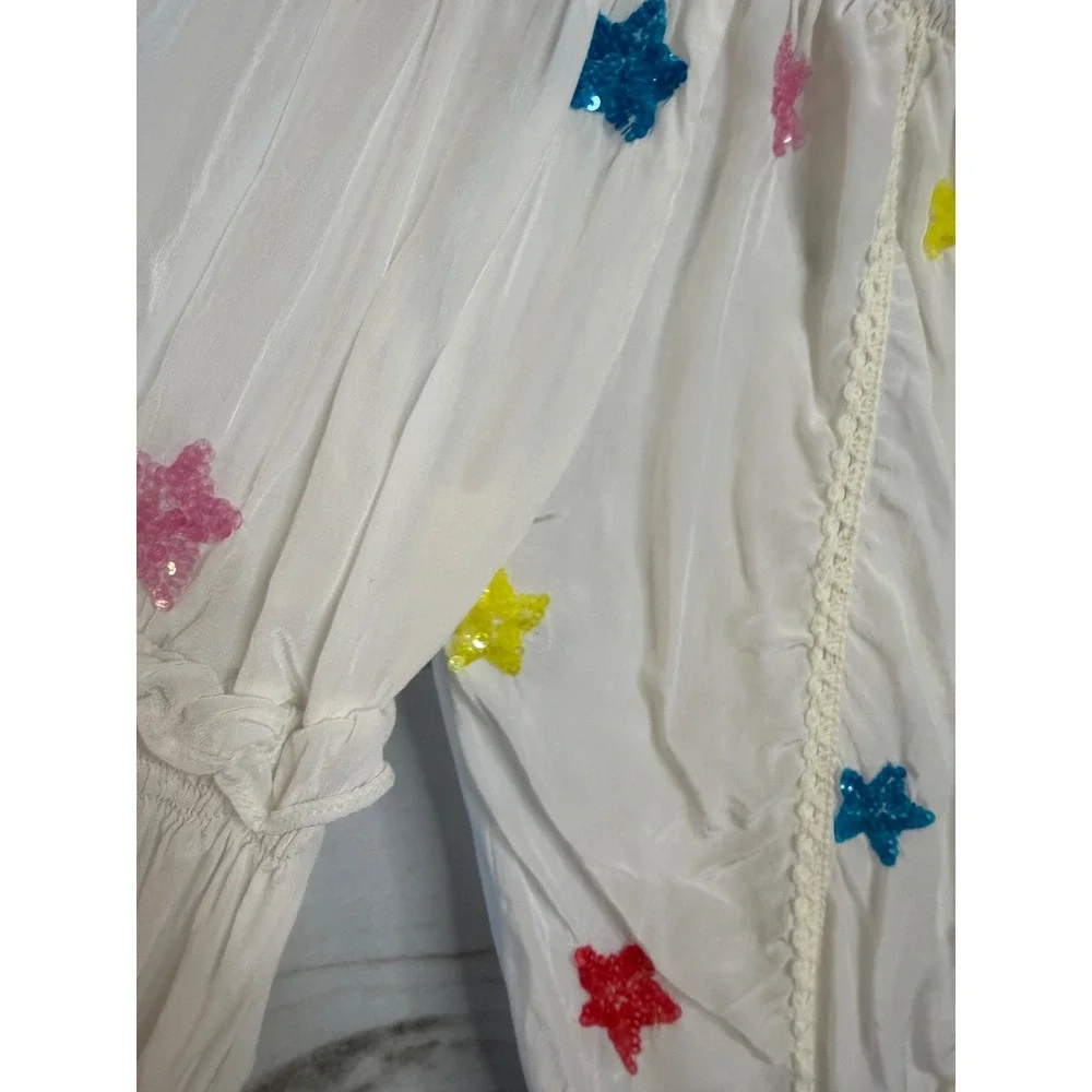 Rococo Sand White Sequin Star Off Shoulder Blouse Tassel Boho Top Small - Picture 3 of 8